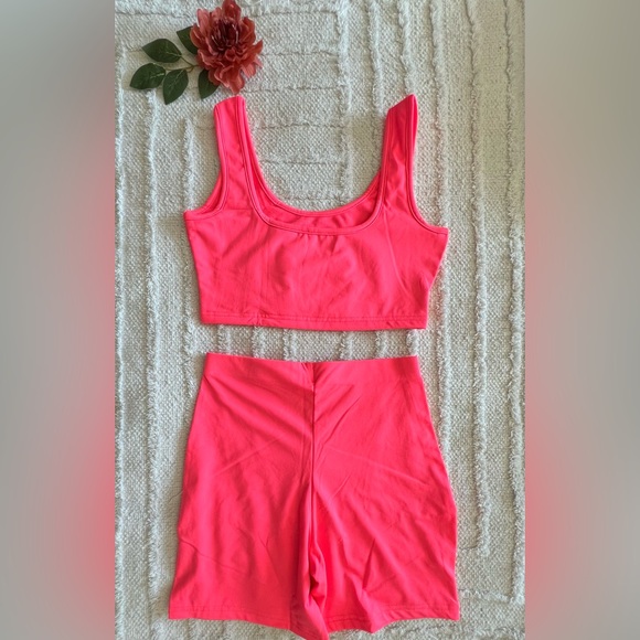 Amazon Pants - AMAZON Hot Neon Pink Two Piece Lounge Crop Top & Shorts Set- Size S